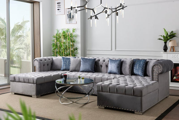 Larry Velvet Grey Double Chaise Sectional