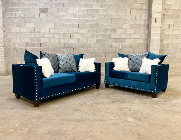 210 Blue Velvet Sofa & Loveseat Set