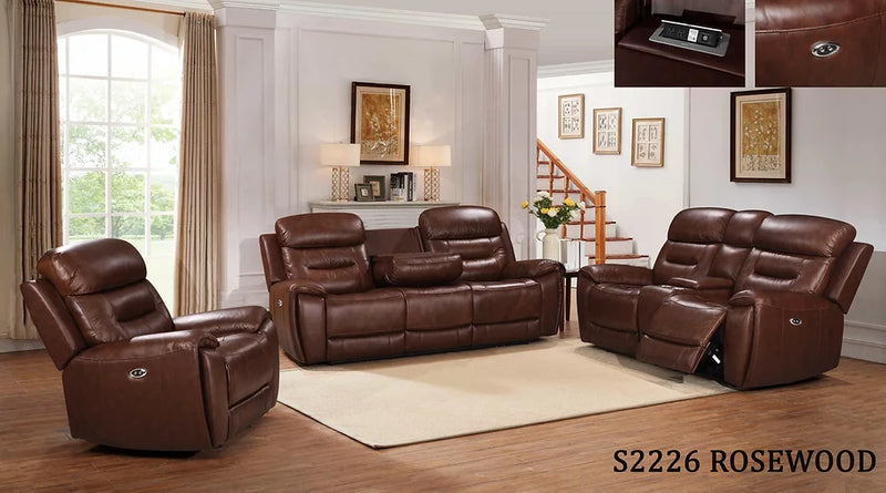 S2226 Rosewood (Leather/Power) Brown Recliner Set 3-Piece