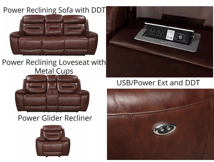 S2226 Rosewood (Leather/Power) Brown Recliner Set 3-Piece